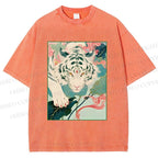 Unisex Oriental White Tiger Art Printed Washed Tee