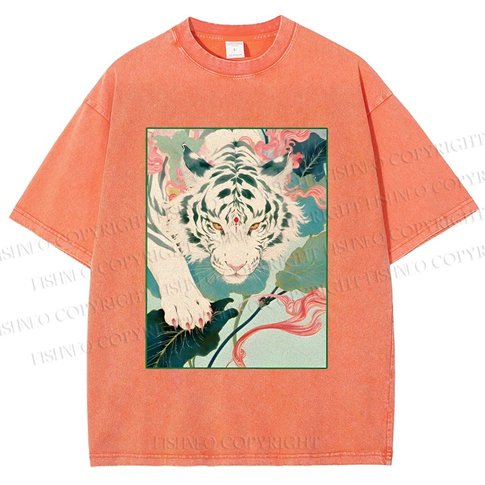 Unisex Oriental White Tiger Art Printed Washed Tee