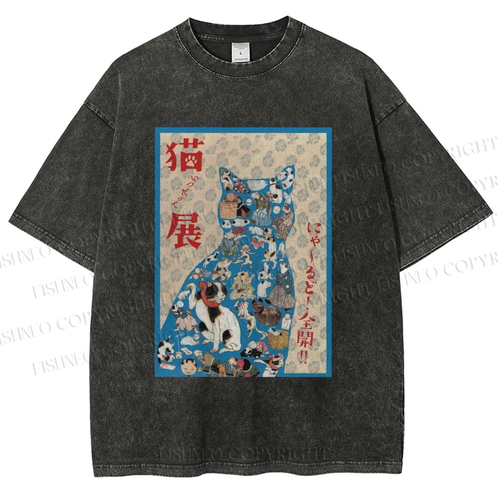 Unisex Japanese Cat Exhibition Collage Poster Printed Washed Tee
