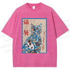 Unisex Japanese Cat Exhibition Collage Poster Printed Washed Tee