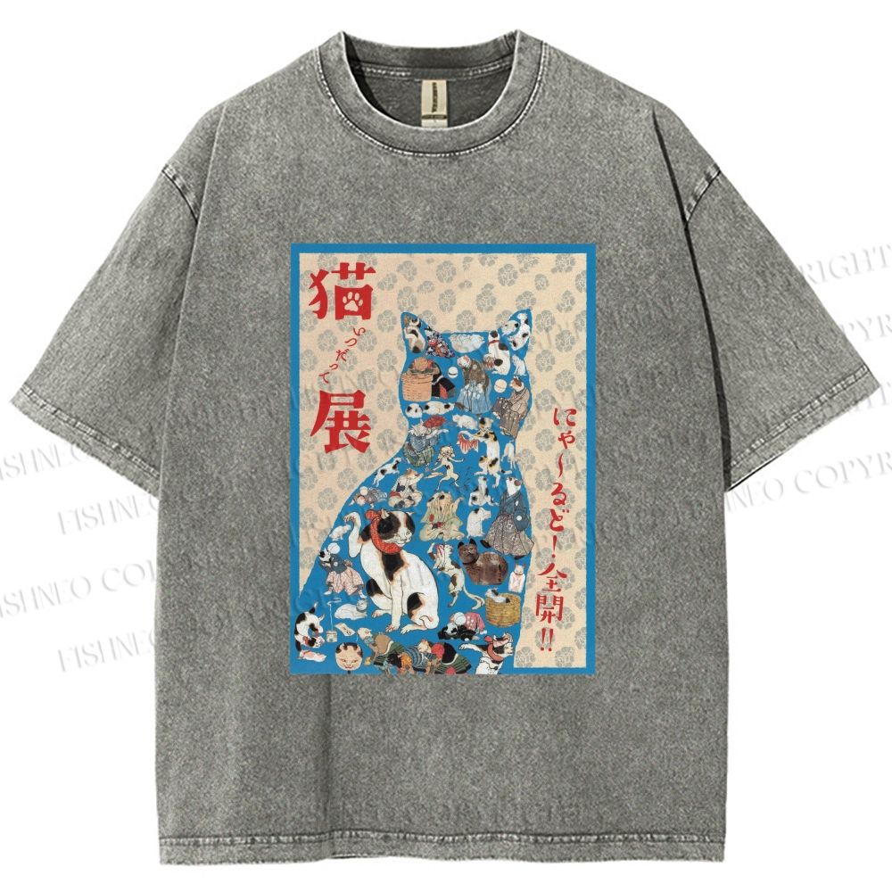 Unisex Japanese Cat Exhibition Collage Poster Printed Washed Tee