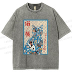 Unisex Japanese Cat Exhibition Collage Poster Printed Washed Tee
