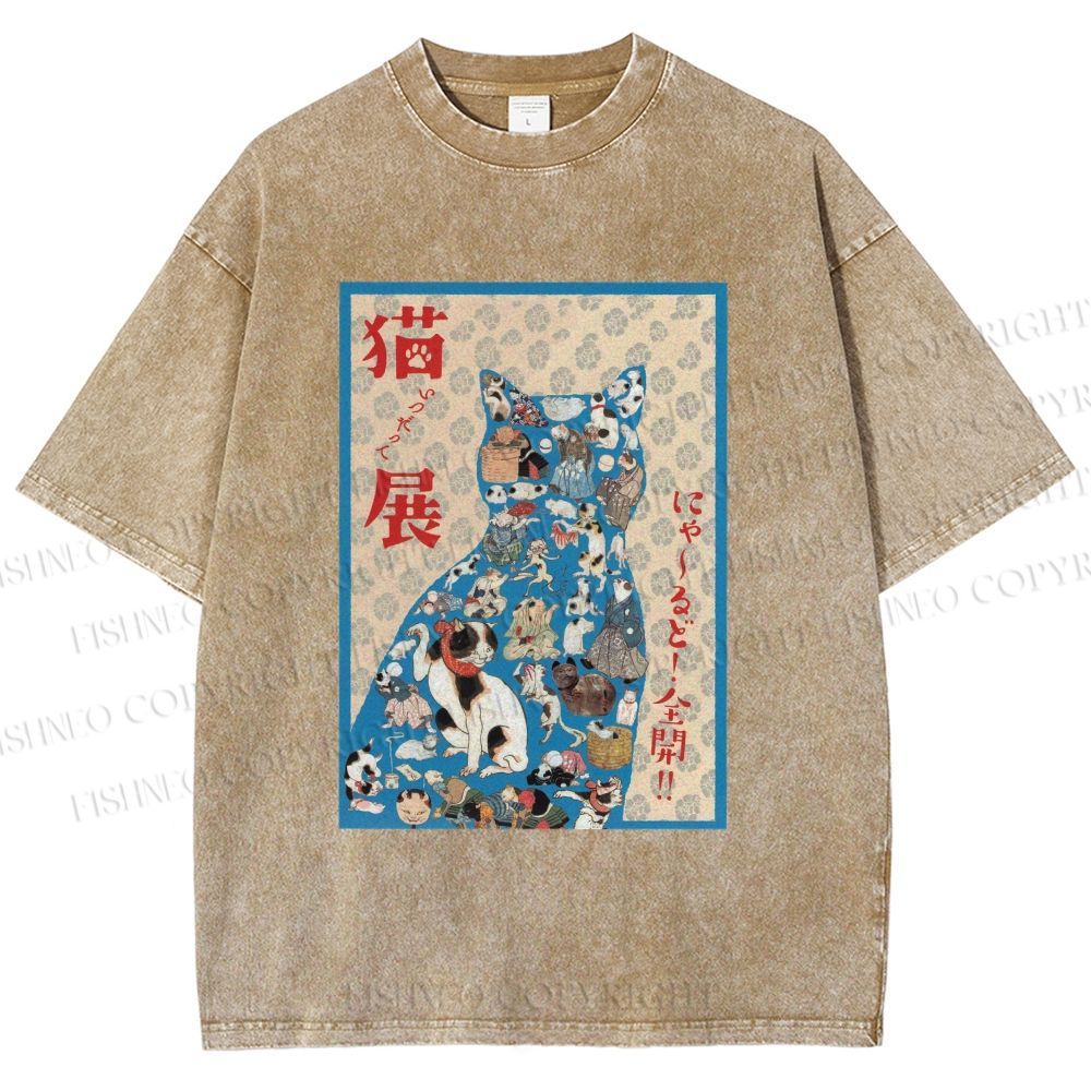 Unisex Japanese Cat Exhibition Collage Poster Printed Washed Tee
