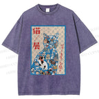 Unisex Japanese Cat Exhibition Collage Poster Printed Washed Tee