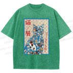 Unisex Japanese Cat Exhibition Collage Poster Printed Washed Tee