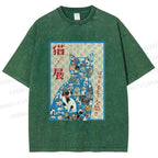 Unisex Japanese Cat Exhibition Collage Poster Printed Washed Tee