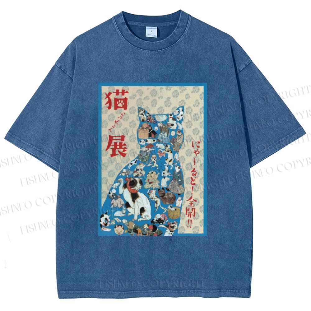 Unisex Japanese Cat Exhibition Collage Poster Printed Washed Tee