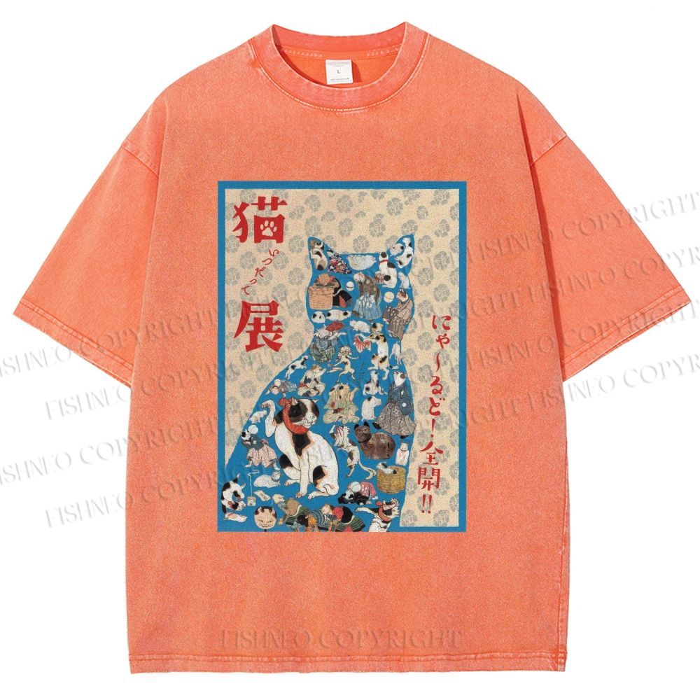 Unisex Japanese Cat Exhibition Collage Poster Printed Washed Tee