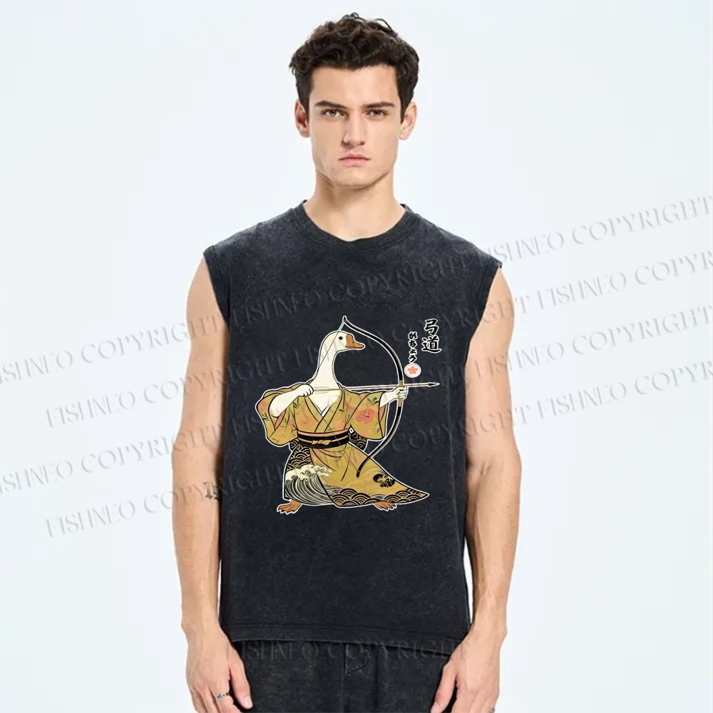 Unisex Goose In Kimono With Bow Printed Washed Tank Top