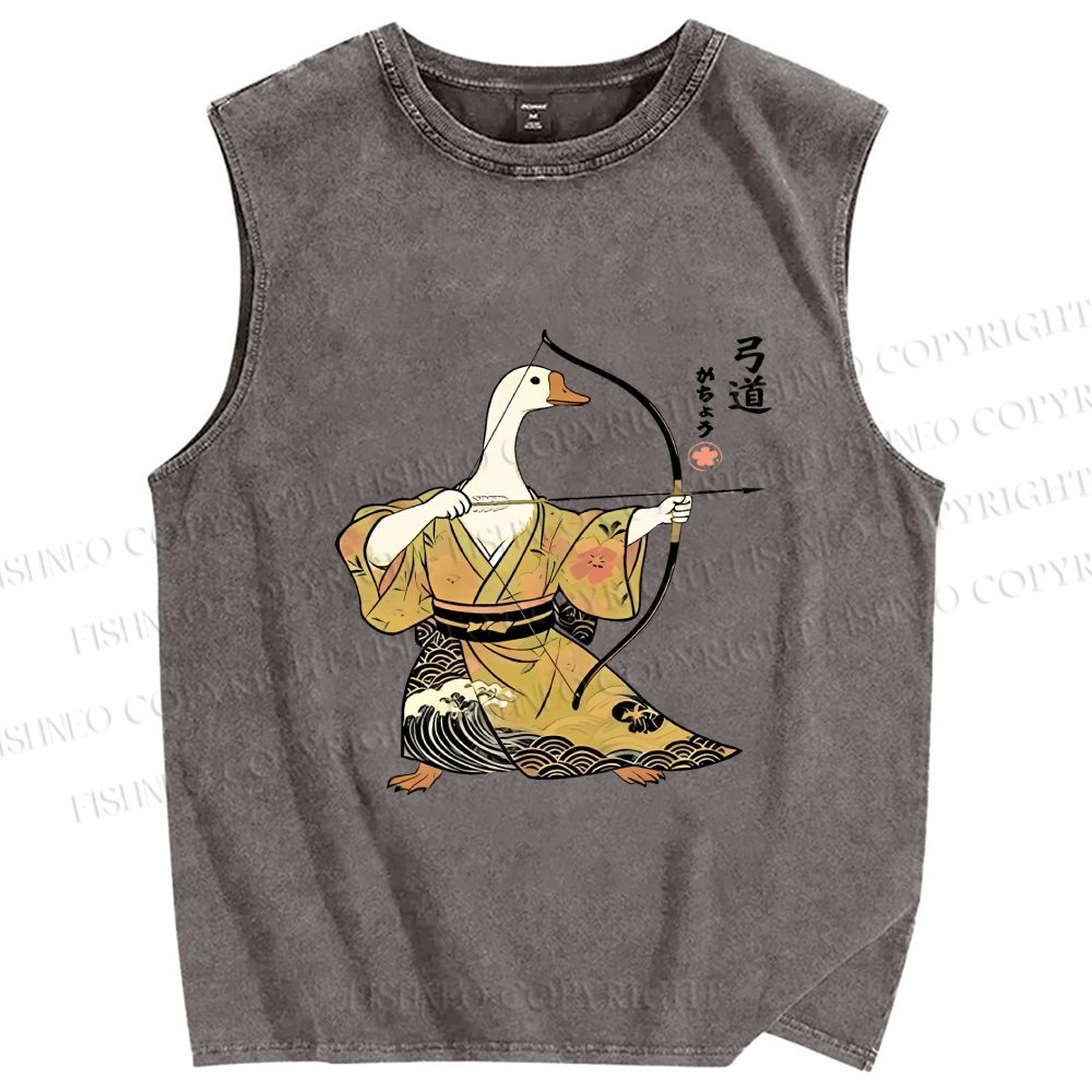 Unisex Goose In Kimono With Bow Printed Washed Tank Top