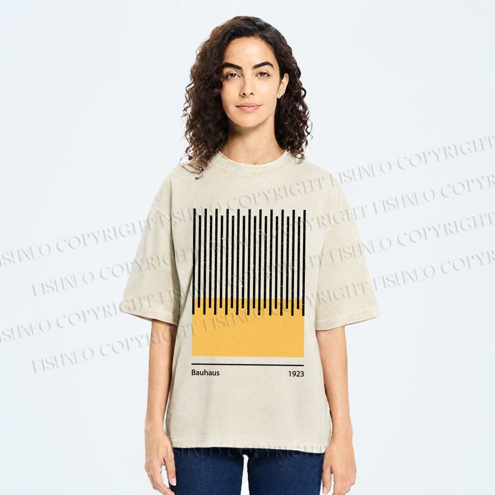 Unisex Bauhaus Geometric Lines Printed Washed Tee
