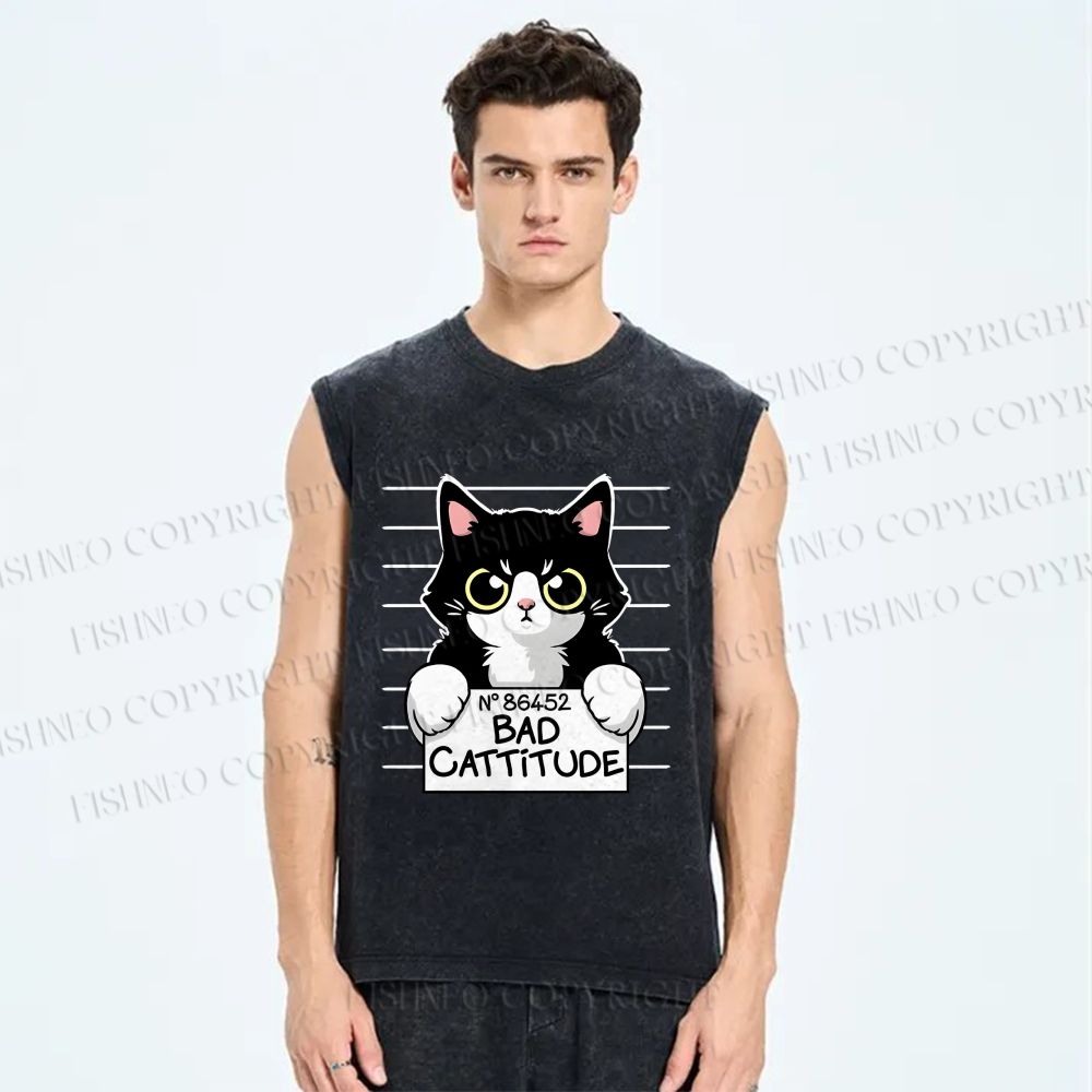Unisex Bad Cat Printed Washed Tank Top