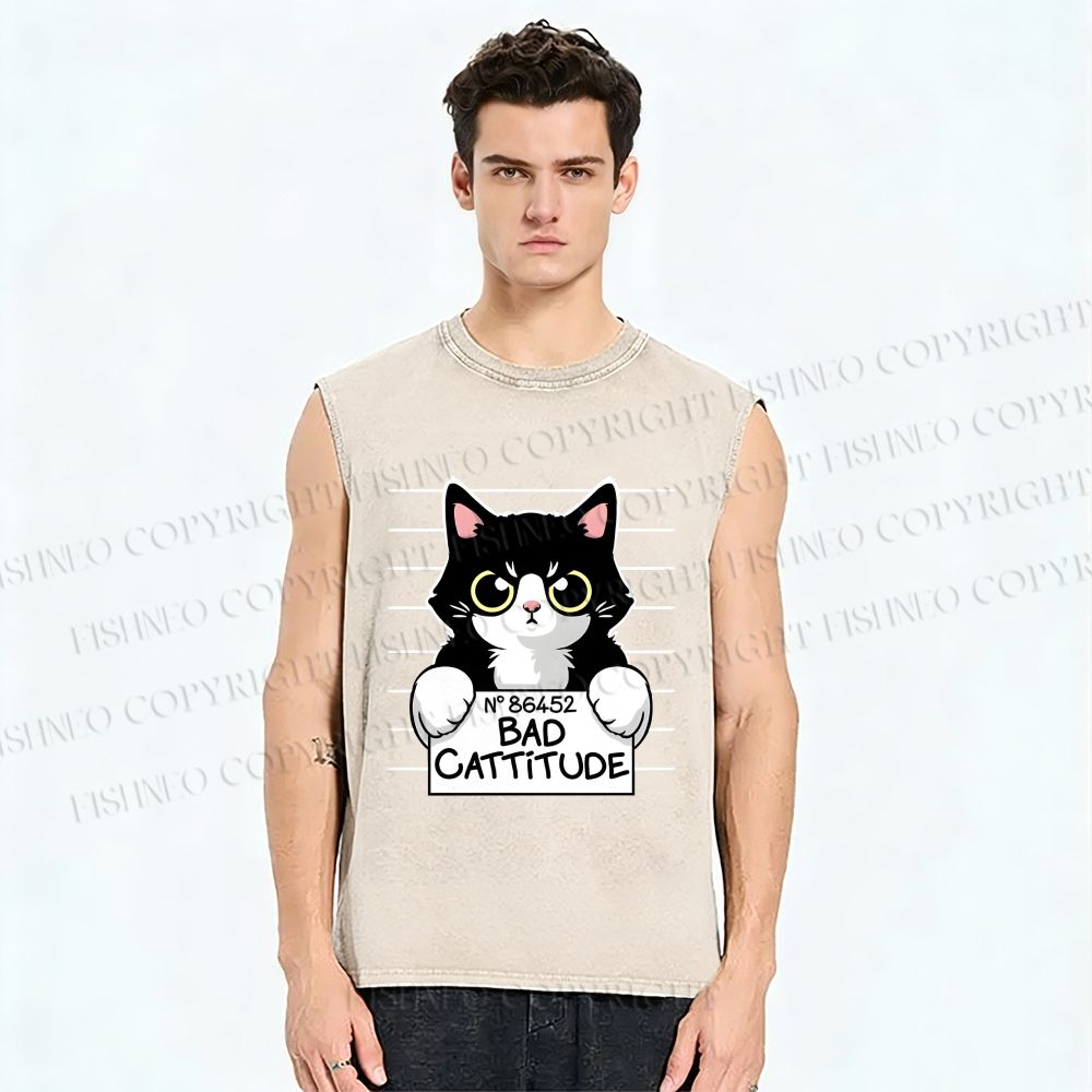 Unisex Bad Cat Printed Washed Tank Top