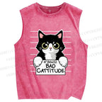 Unisex Bad Cat Printed Washed Tank Top