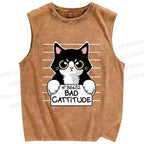 Unisex Bad Cat Printed Washed Tank Top