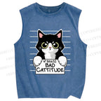 Unisex Bad Cat Printed Washed Tank Top
