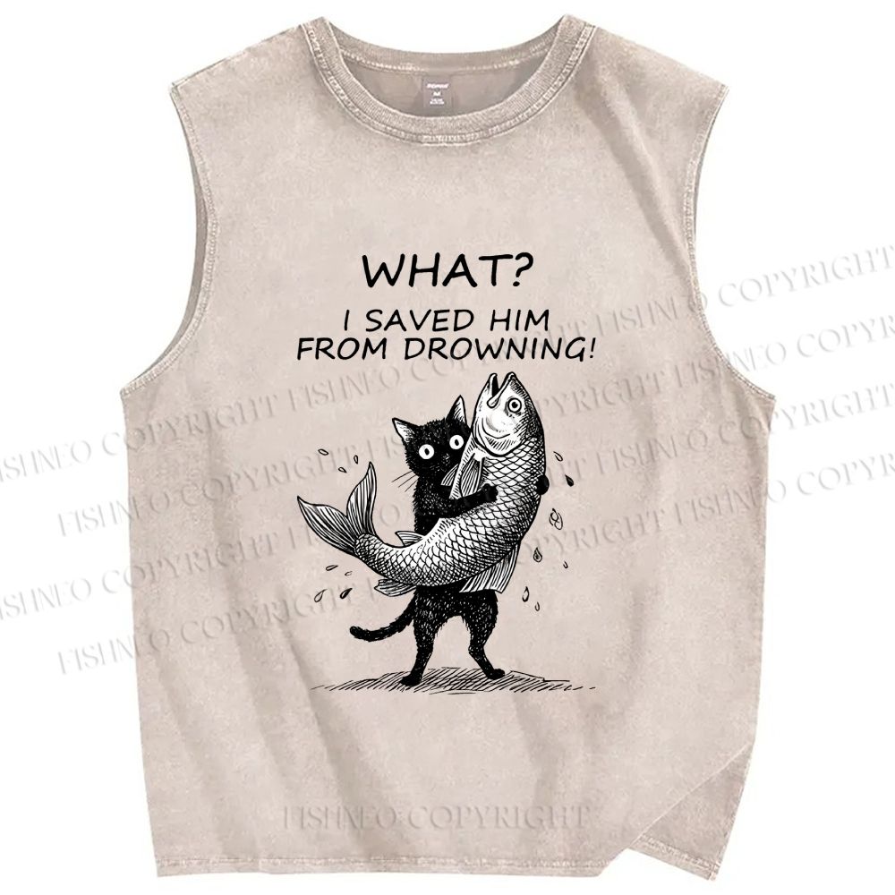 Unisex Cat Claims Fish Saving Meme Printed Washed Tank Top