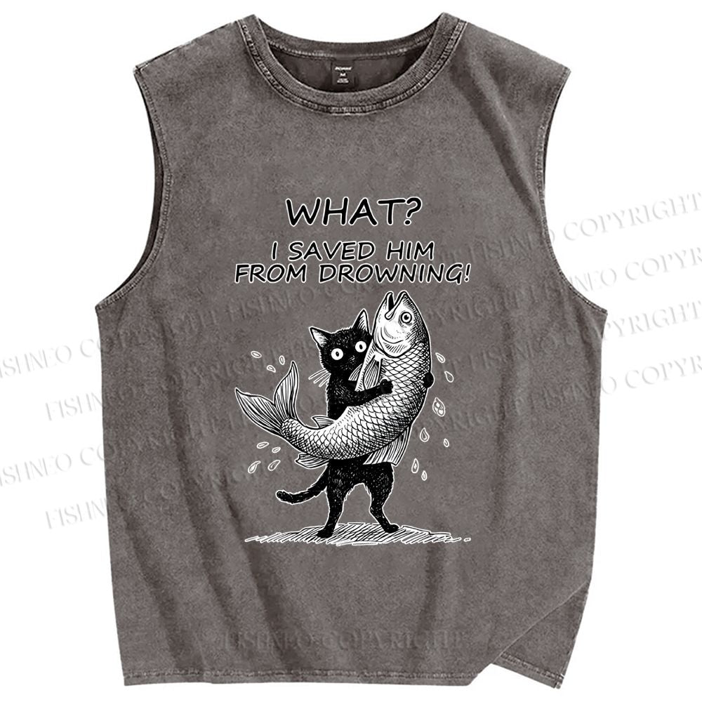 Unisex Cat Claims Fish Saving Meme Printed Washed Tank Top