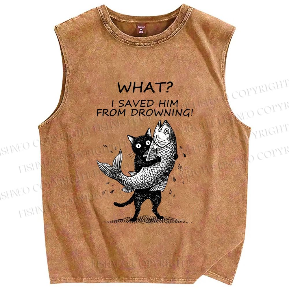 Unisex Cat Claims Fish Saving Meme Printed Washed Tank Top