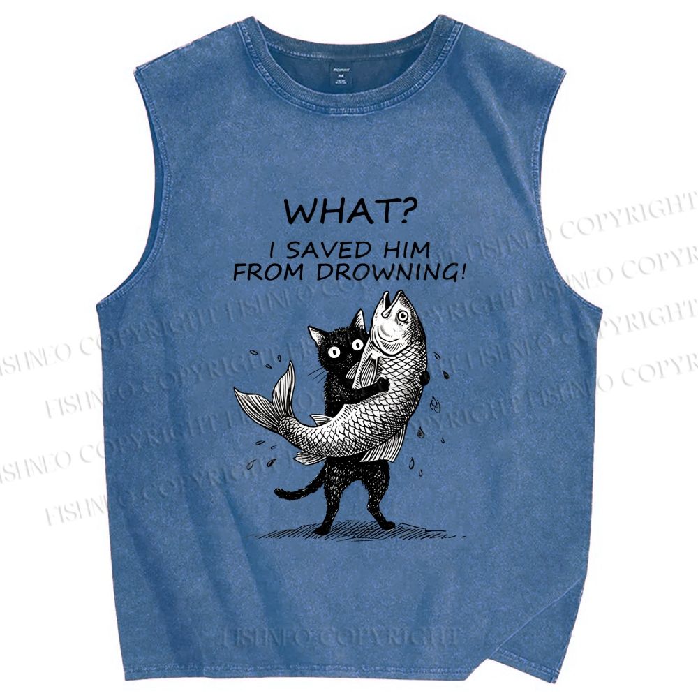 Unisex Cat Claims Fish Saving Meme Printed Washed Tank Top