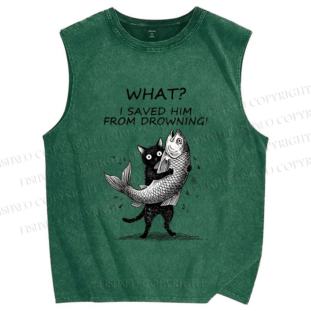 Unisex Cat Claims Fish Saving Meme Printed Washed Tank Top