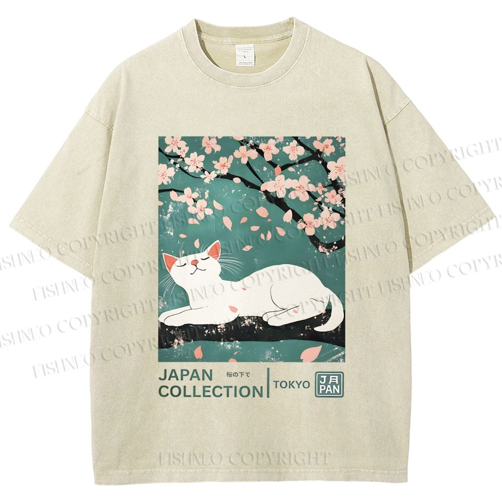 Unisex Cherry Blossom Tree Cat Printed Washed Tee
