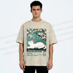 Unisex Cherry Blossom Tree Cat Printed Washed Tee