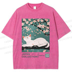 Unisex Cherry Blossom Tree Cat Printed Washed Tee