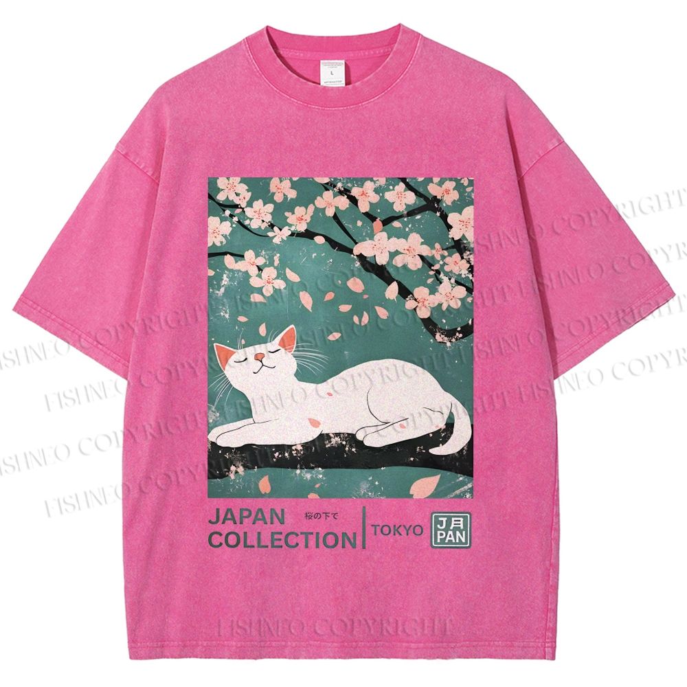 Unisex Cherry Blossom Tree Cat Printed Washed Tee