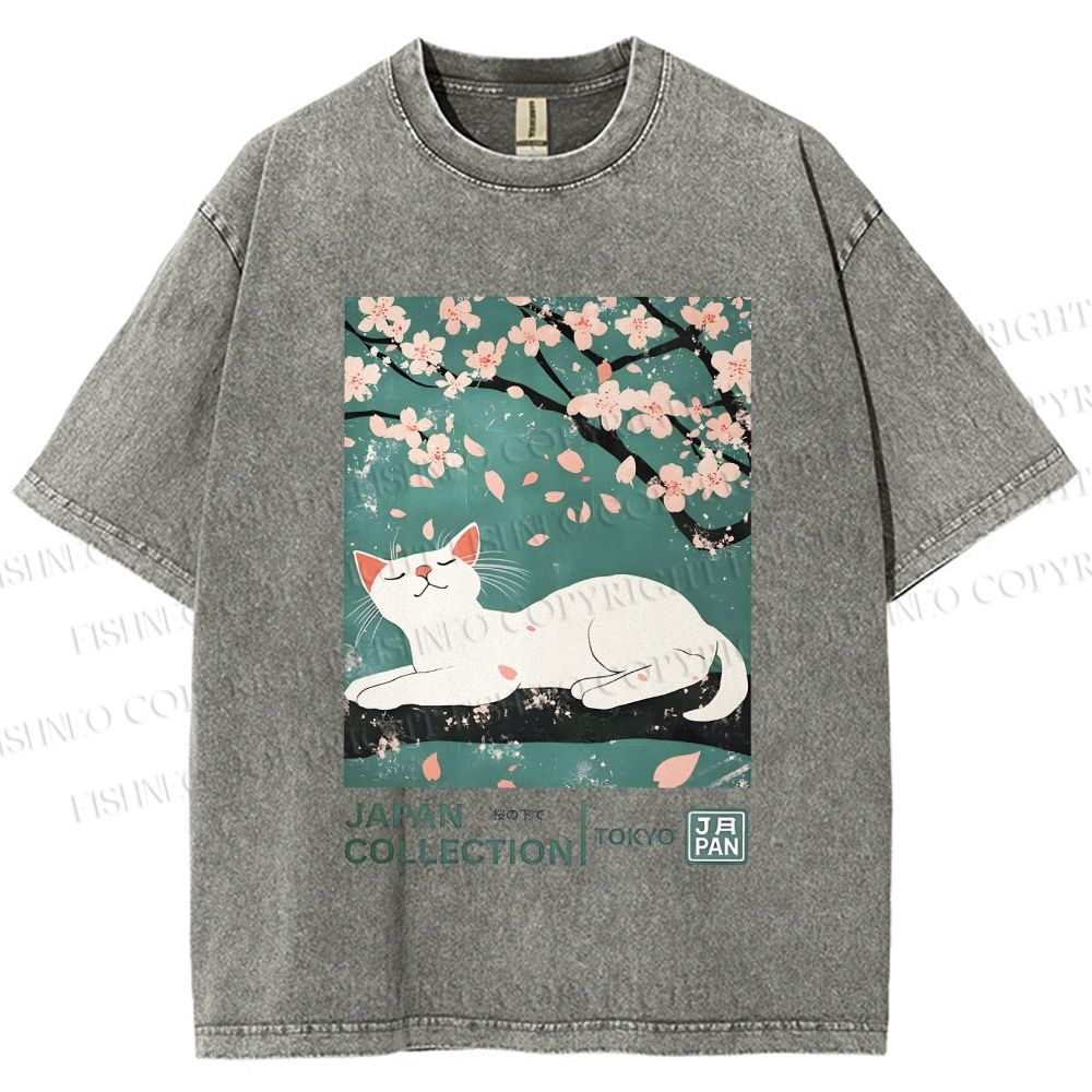 Unisex Cherry Blossom Tree Cat Printed Washed Tee