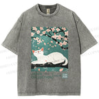 Unisex Cherry Blossom Tree Cat Printed Washed Tee