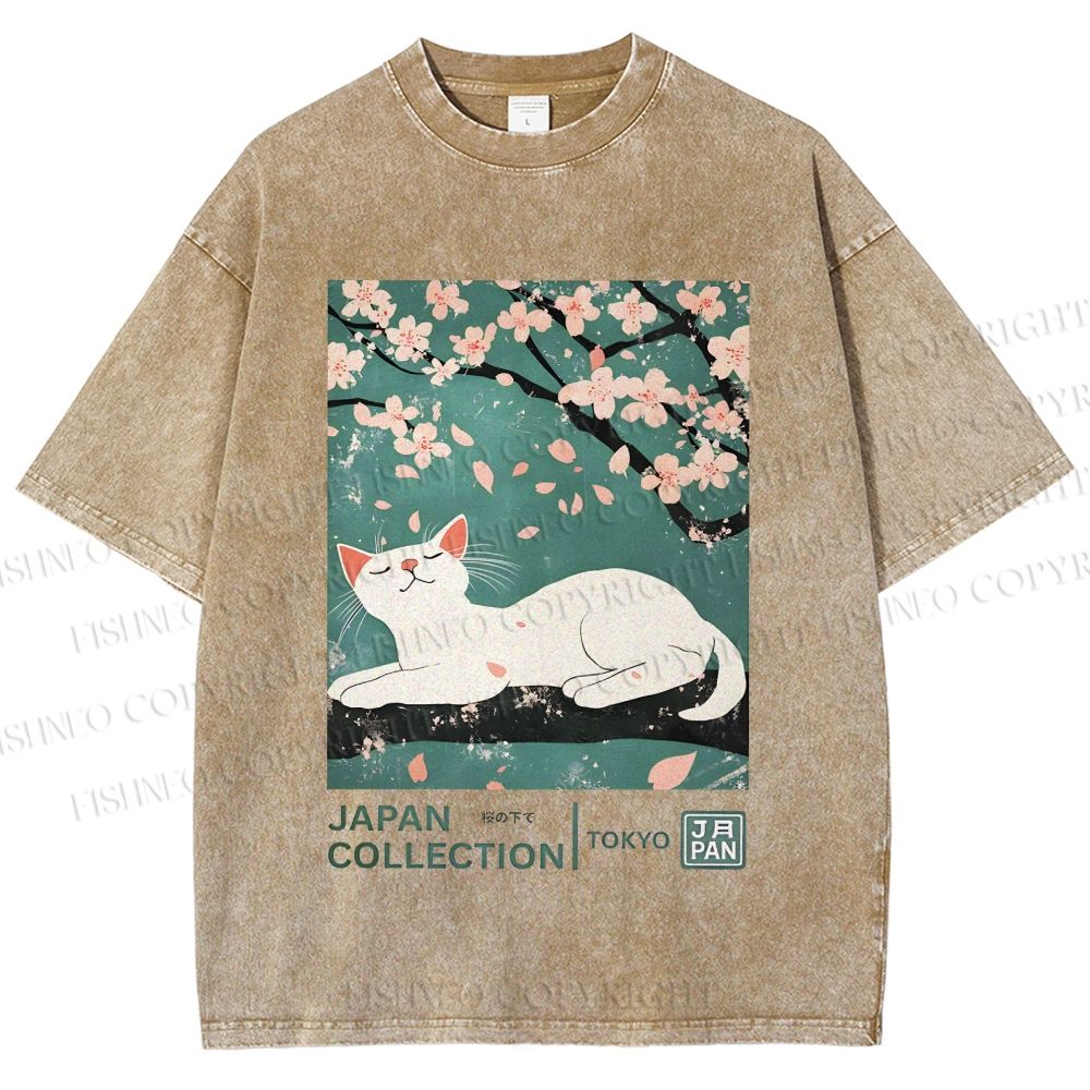 Unisex Cherry Blossom Tree Cat Printed Washed Tee