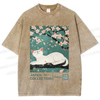 Unisex Cherry Blossom Tree Cat Printed Washed Tee