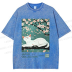 Unisex Cherry Blossom Tree Cat Printed Washed Tee