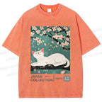 Unisex Cherry Blossom Tree Cat Printed Washed Tee