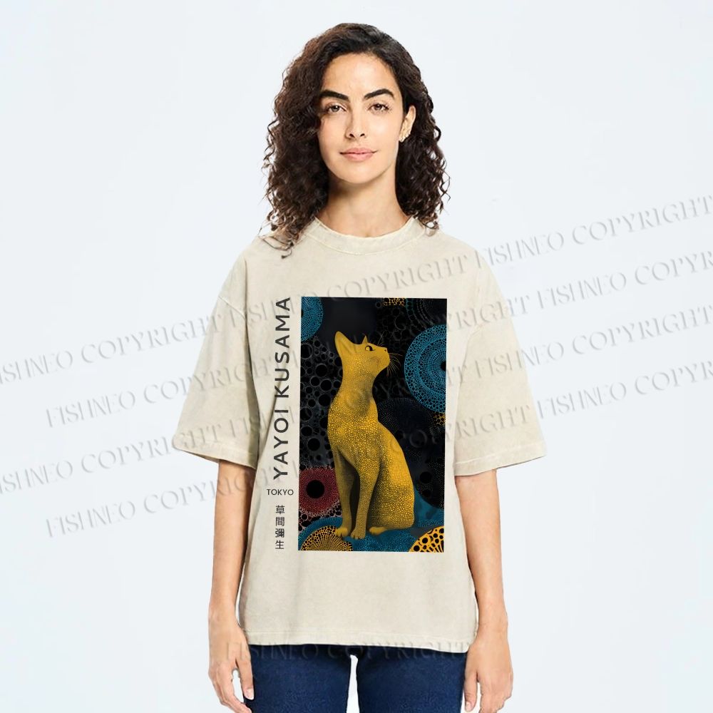 Unisex Yayoi Kusama Cat Printed Washed Tee