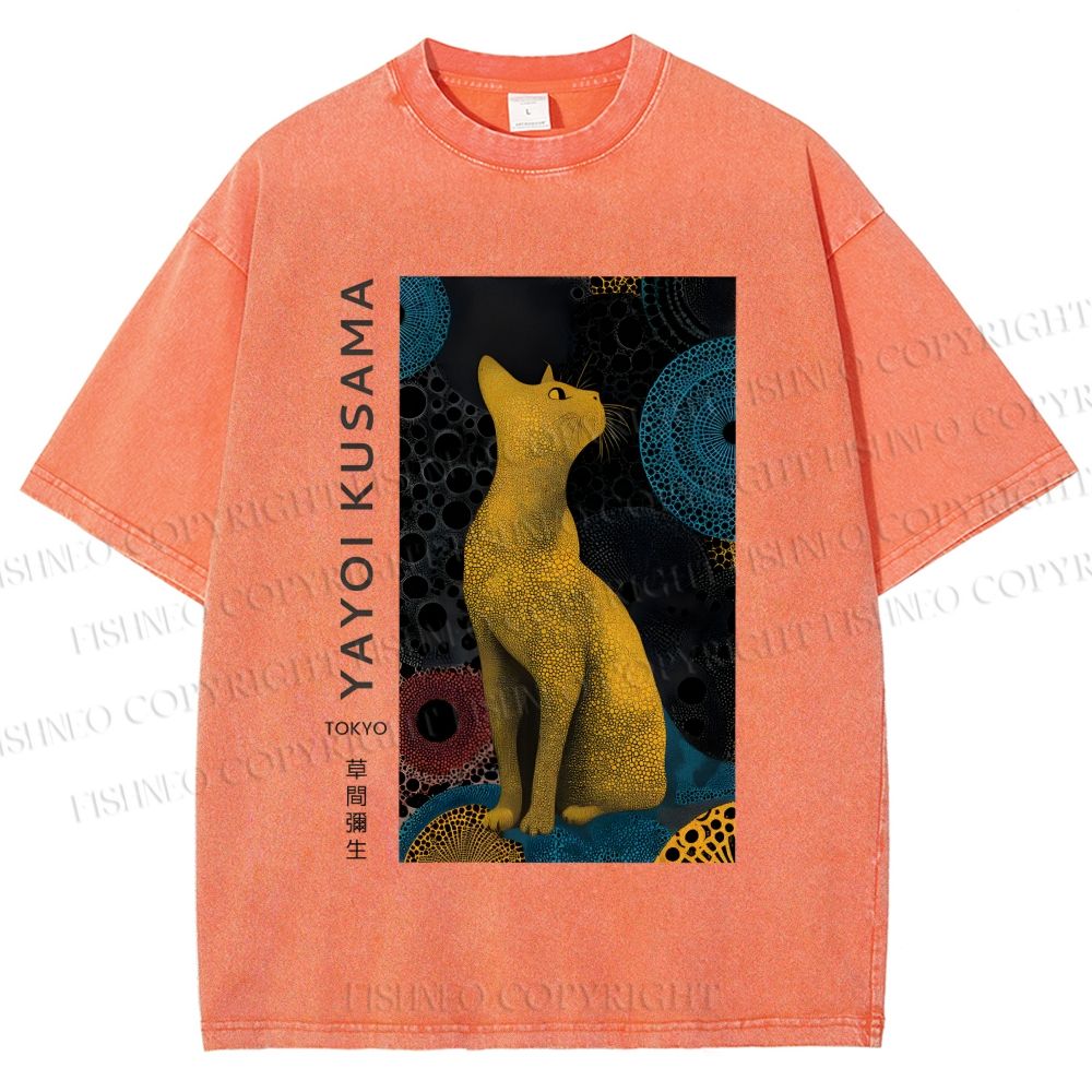 Unisex Yayoi Kusama Cat Printed Washed Tee