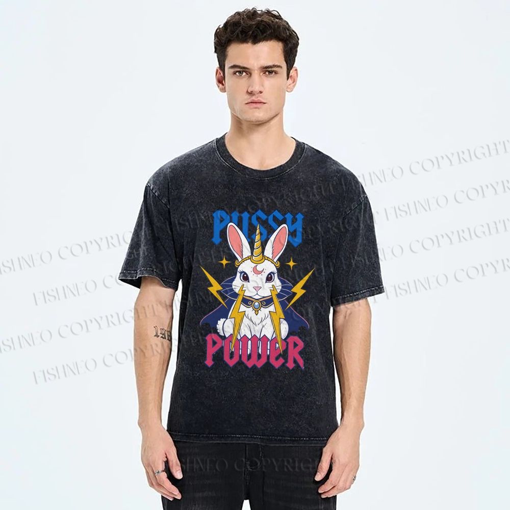 Unisex Pussy Power Magic Bunny Printed Washed Tee