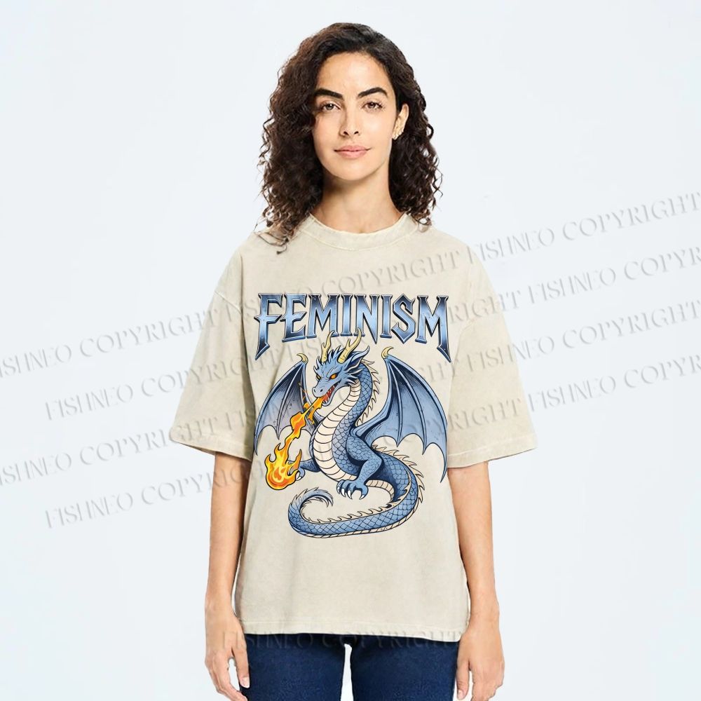 Unisex Feminism Dragon Fantasy Printed Washed Tee