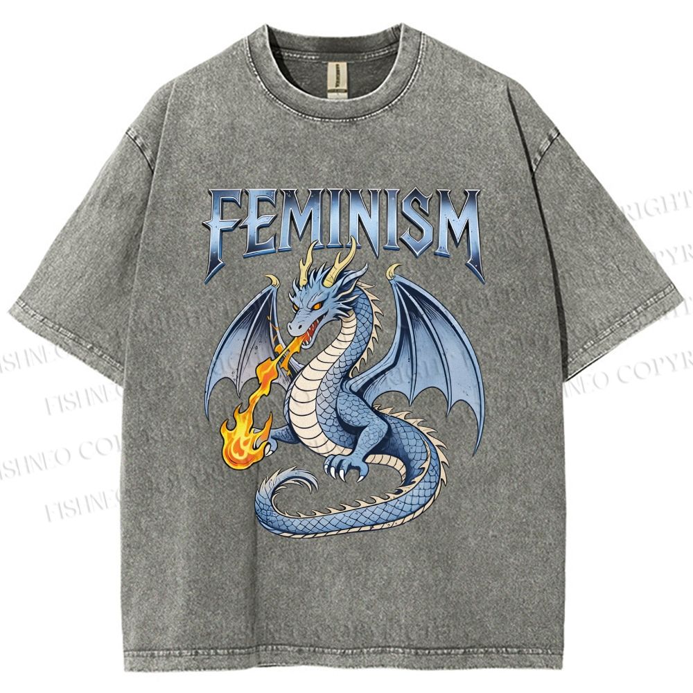 Unisex Feminism Dragon Fantasy Printed Washed Tee