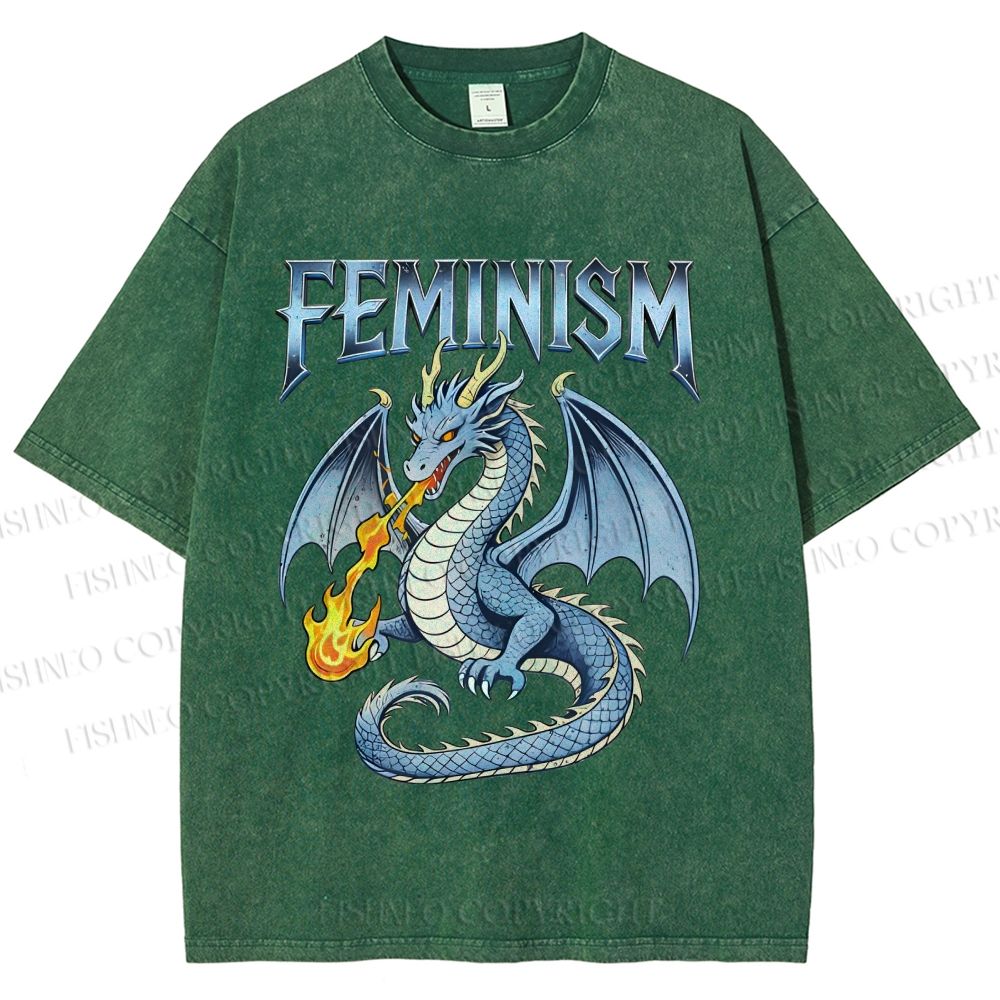 Unisex Feminism Dragon Fantasy Printed Washed Tee