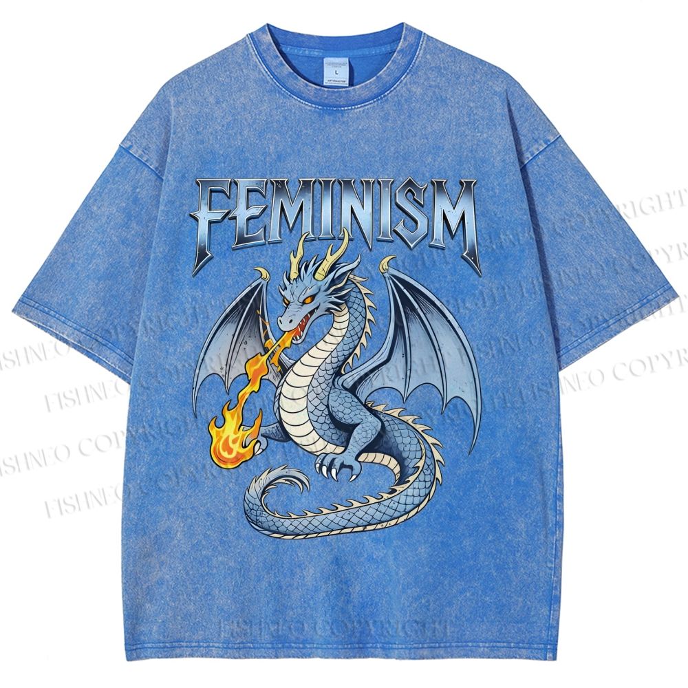 Unisex Feminism Dragon Fantasy Printed Washed Tee