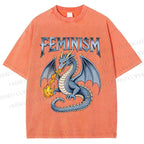 Unisex Feminism Dragon Fantasy Printed Washed Tee