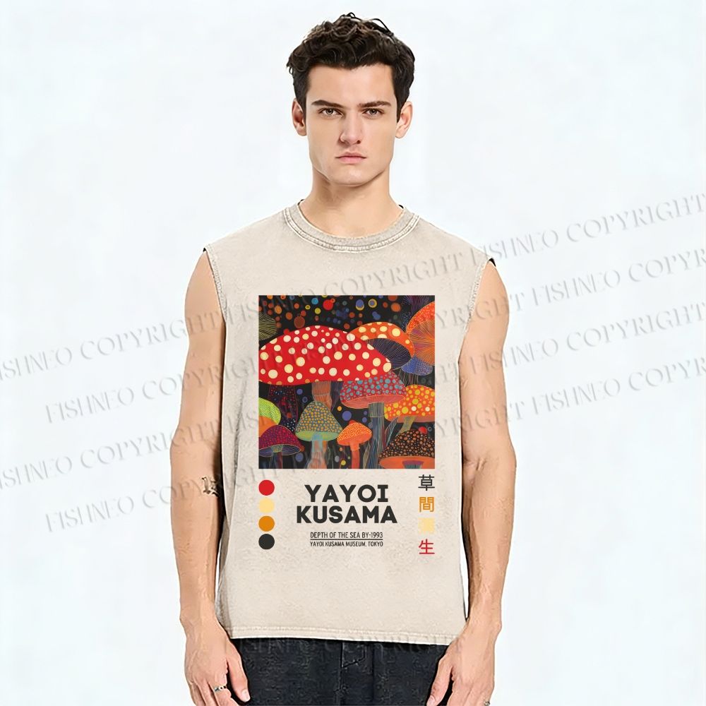 Unisex Yayoi Kusama Mushroom Printed Washed Tank Top