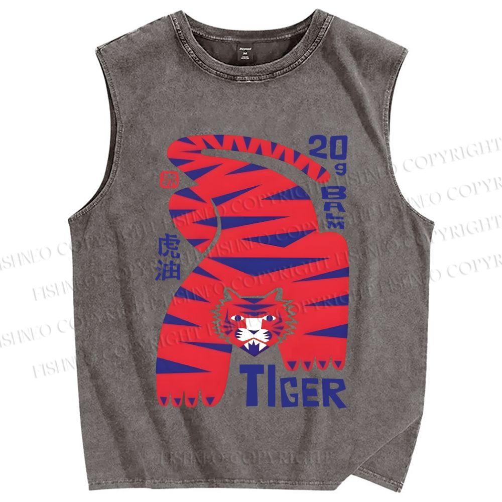 Unisex Tiger Printed Washed Tank Top