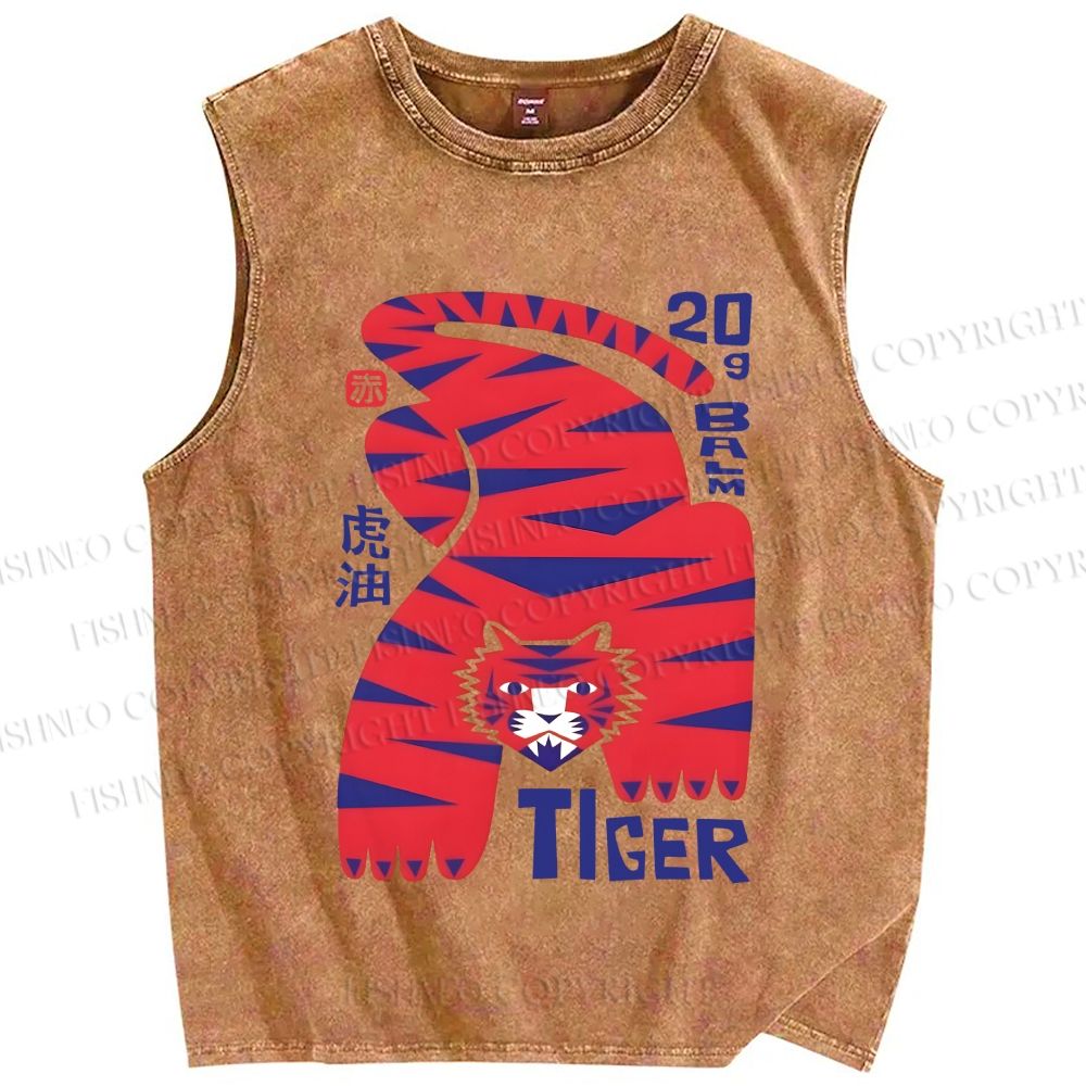 Unisex Tiger Printed Washed Tank Top