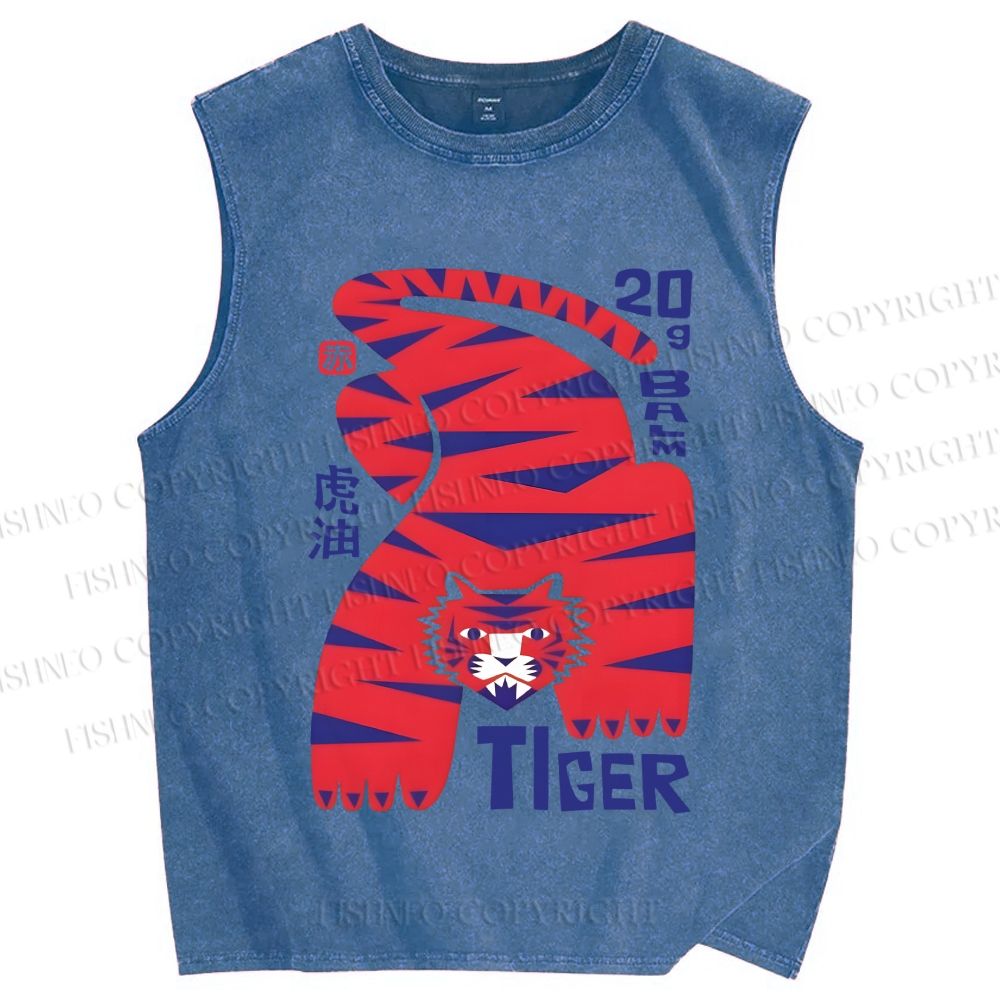 Unisex Tiger Printed Washed Tank Top