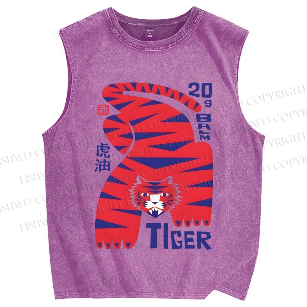 Unisex Tiger Printed Washed Tank Top