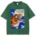 Unisex Vintage Tiger in Wave Printed Washed Tee