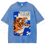 Unisex Vintage Tiger in Wave Printed Washed Tee